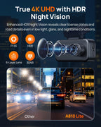 70mai Cámara de tablero A810 Lite 4K frontal y trasera, 5GHz Wi-Fi 6 DashCam, cámara de automóvil acceso remoto 4G LTE, seguimiento GPS, visión nocturna HDR, modo de estacionamiento 24H, control de