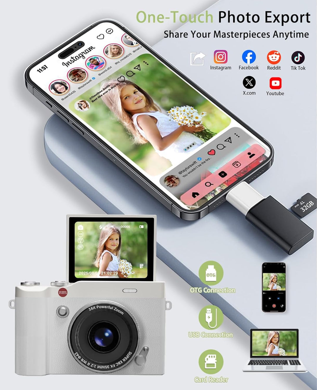 HEYMAO Cámara digital para niños, 64 MP, 1080P, 2.4 pulgadas, panta...