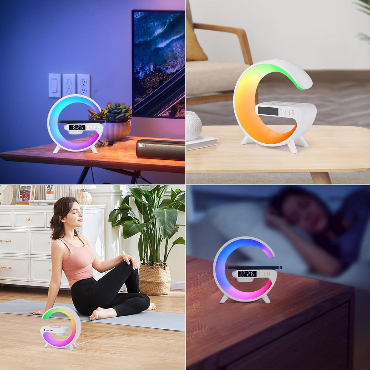 Lámpara Mini Altavoz Inalámbrico con Lámpara Bluetooth, Lámpara de Ambiente, Carga Inalámbrica, Reloj Despertador, Lámpara de Mesa LED Inteligente, Luz Nocturna, Regalos de Cumpleaños para Niñas y Niños