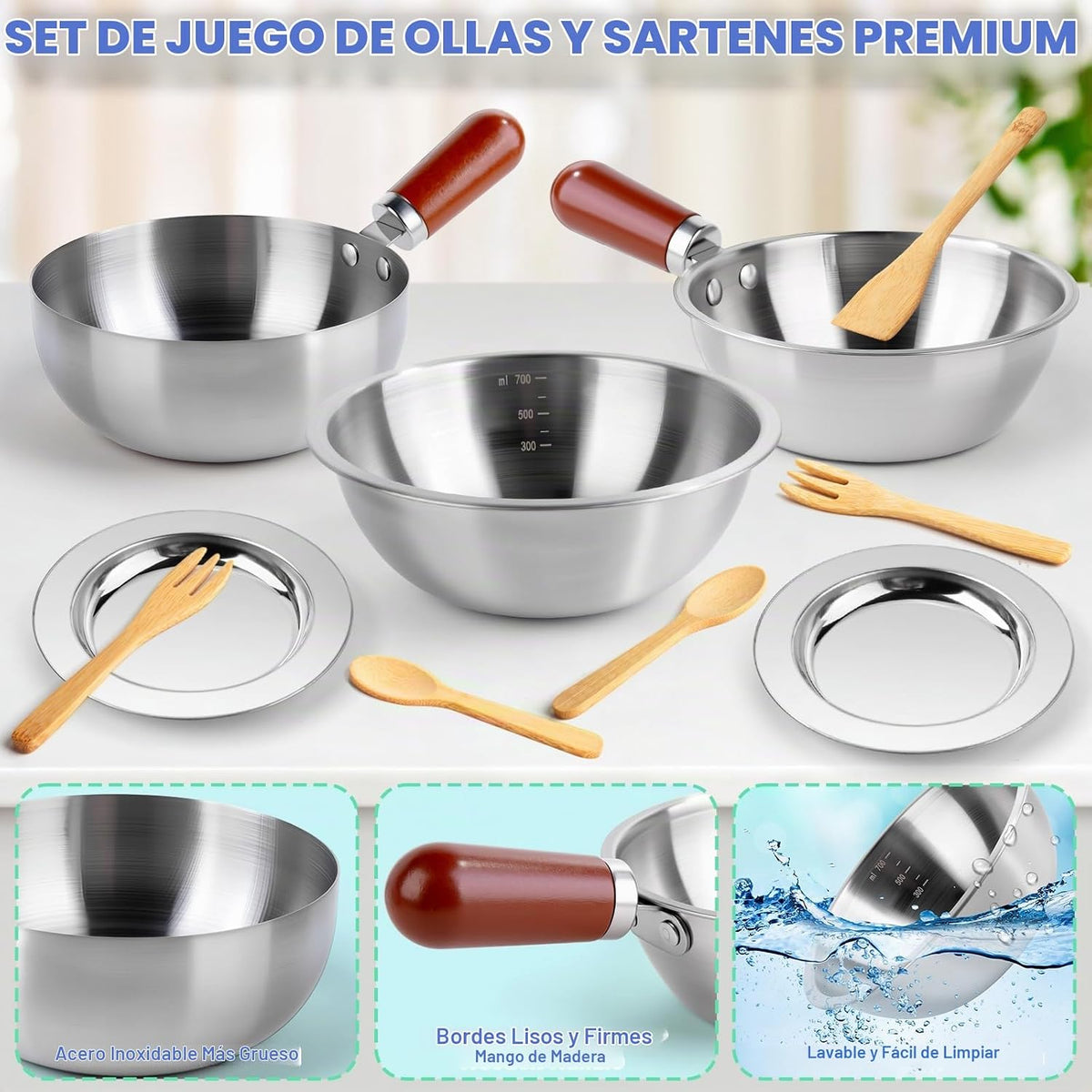 Juboury Wooden Play Food Sets para Kid Kitchen con Stainless Steel Cookware