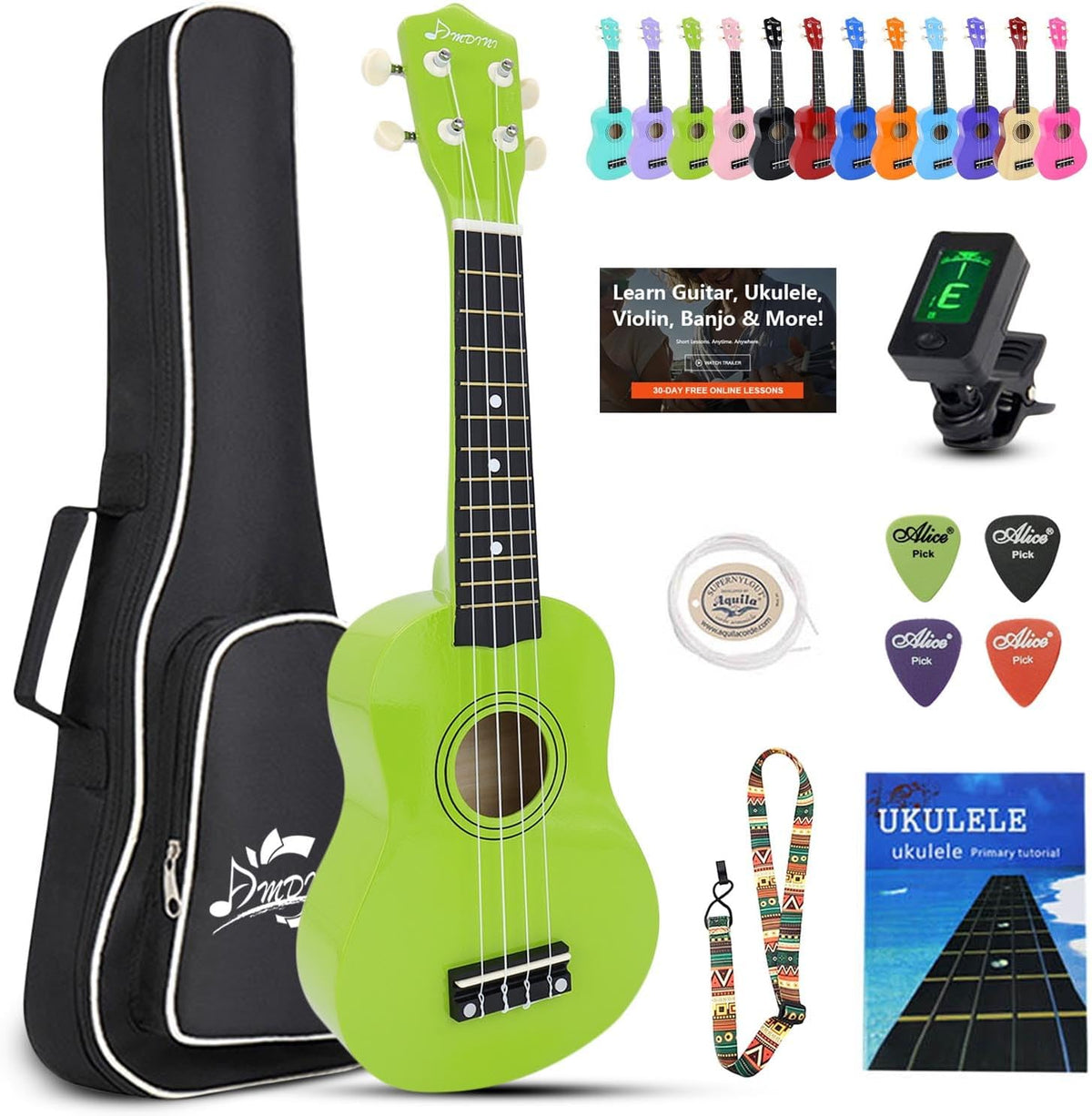 Ukelele de 21 pulgadas para principiantes, kit de ukelele soprano de tilo para niños, adultos, estudiantes, principiantes, mini guitarra, paquete de ukelelee con libro, bolsa de concierto