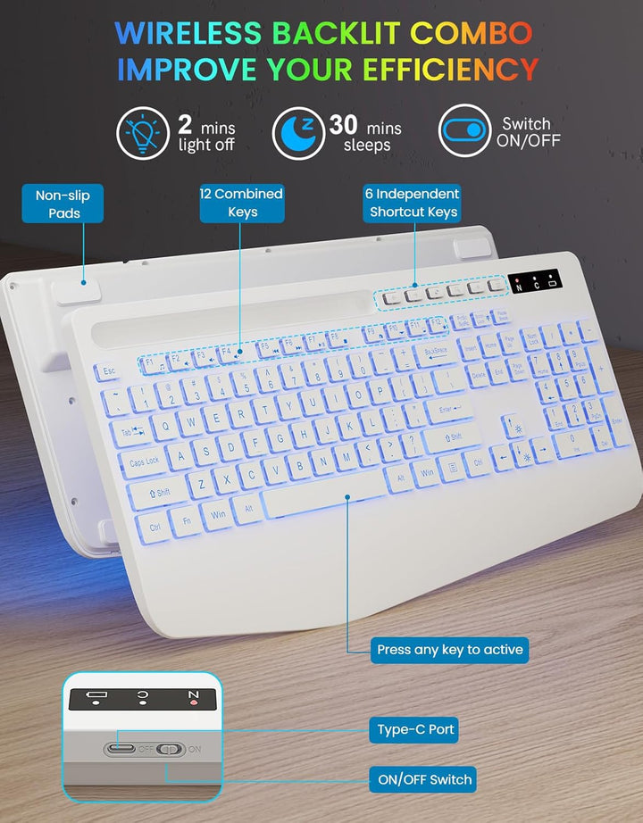 Teclado inalámbrico con retroiluminación de 7 colores, reposamuñeca...