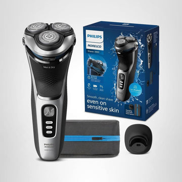 Philips Norelco Shaver 3900 Series, afeitadora eléctrica en seco y húmedo, P-Cap, bolsa de viaje, soporte de carga, azul tormenta, modelo S3341/92