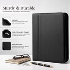 Carpeta de piel sintética con asa y calculadora solar, organizador de carpetas de 3 anillos con cremallera con bloc de notas y portapapeles, cuaderno profesional de currículum de negocios para