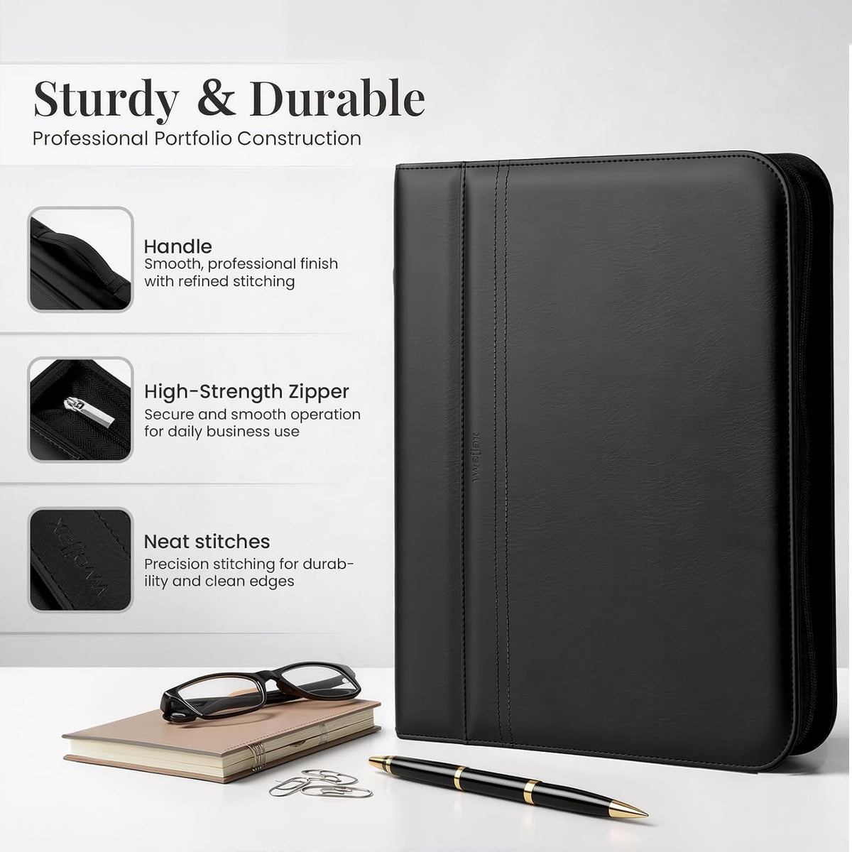Carpeta de piel sintética con asa y calculadora solar, organizador de carpetas de 3 anillos con cremallera con bloc de notas y portapapeles, cuaderno profesional de currículum de negocios para