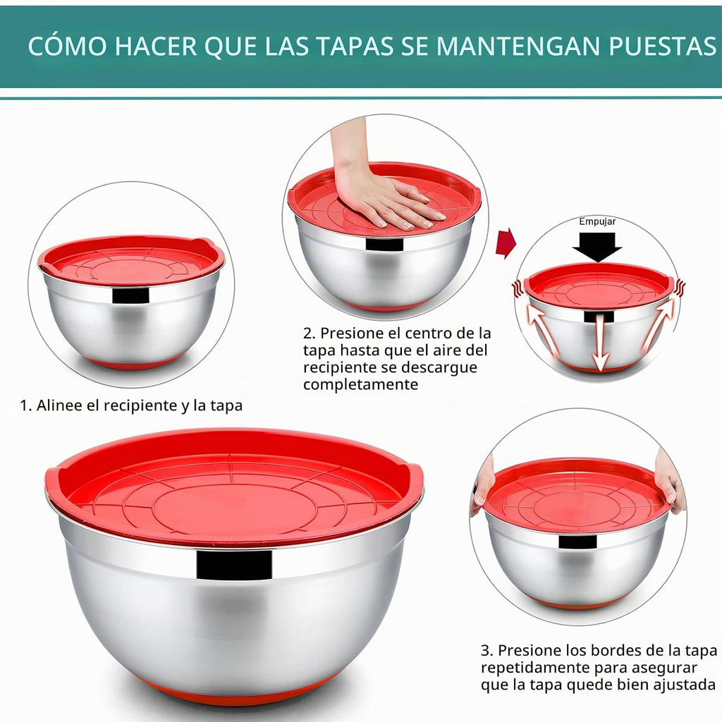 P&P CHEF Juego de 6 cuencos de acero inoxidable con tapas, multicolor