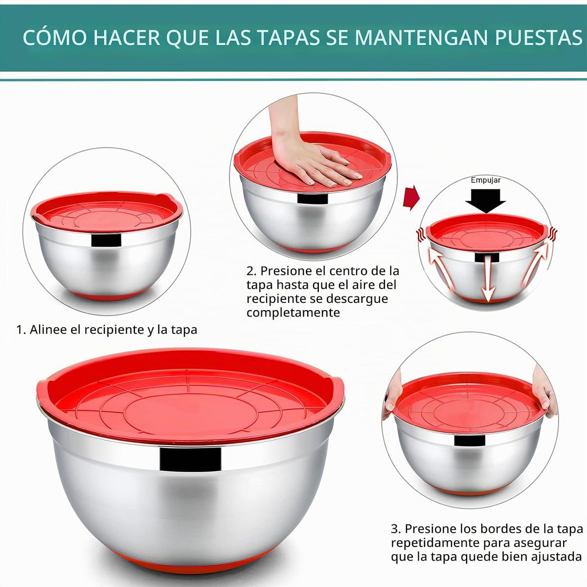 P&P CHEF Juego de 6 cuencos de acero inoxidable con tapas, multicolor