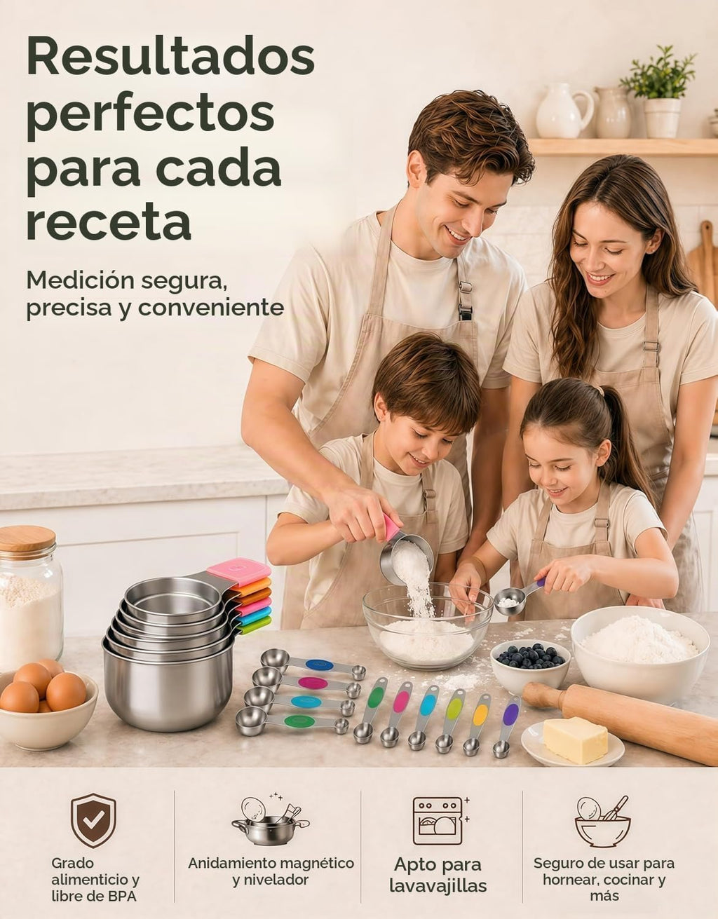Juego de 15 tazas y cucharas medidoras magnéticas, de acero inoxidable 304, diseño fuerte N52 de anidación magnética con nivelador, para ingredientes secos y líquidos, apto para lavavajillas (colorido)