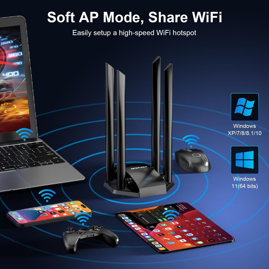 NEWFAST Adaptador WiFi USB para PC de escritorio USB3.0 Ordenador AC1300