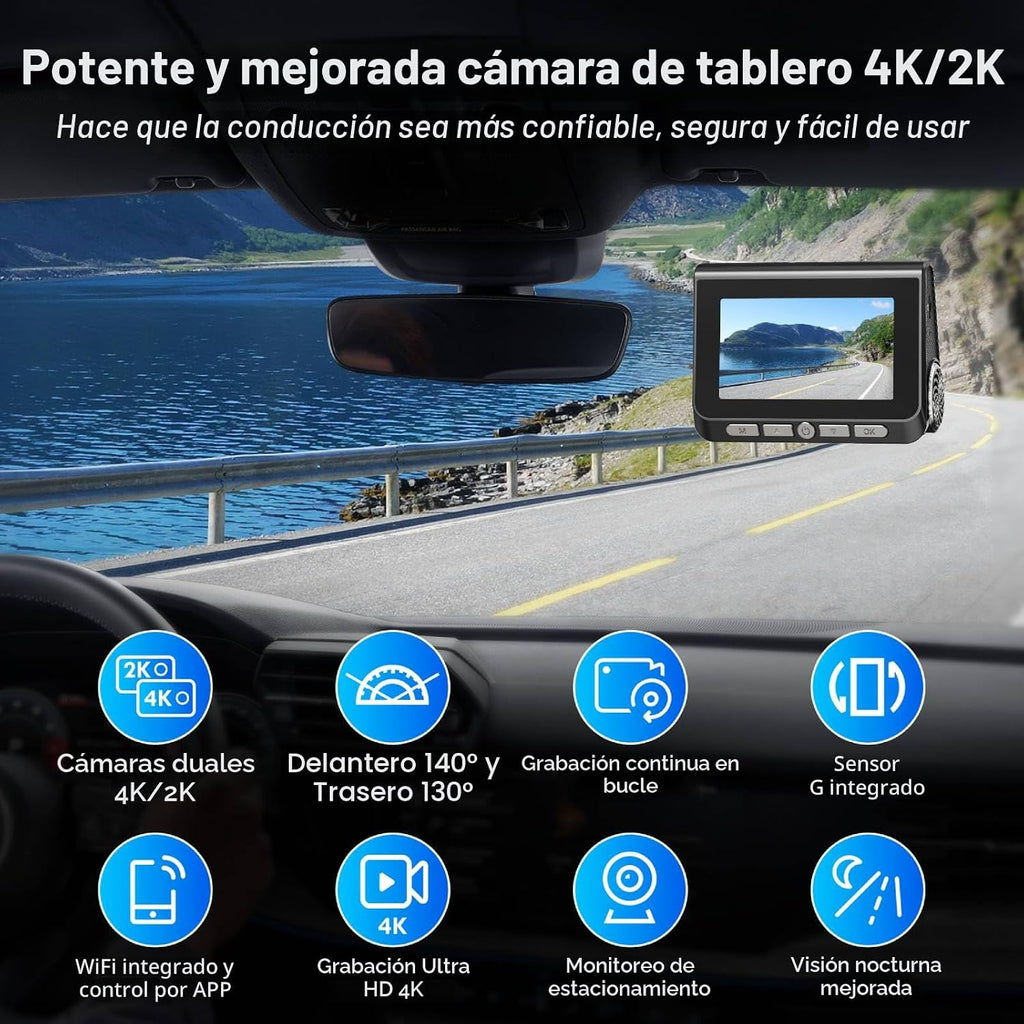 Dash Cam, cámara frontal y trasera 4K+2K Full HD para automóvil con 5G WiFi integrado, pantalla IPS de 3.0 pulgadas, incluye tarjeta de 64 GB, visión nocturna, grabación en bucle