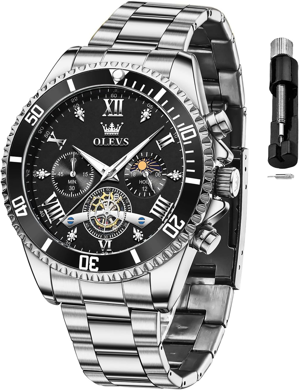 OLEVS Reloj de caballero Cronógrafo de lujo con fases de la luna, dos tonos, acero inoxidable, a prueba de agua, luminiscente, calendario empresarial, reloj de pulsera