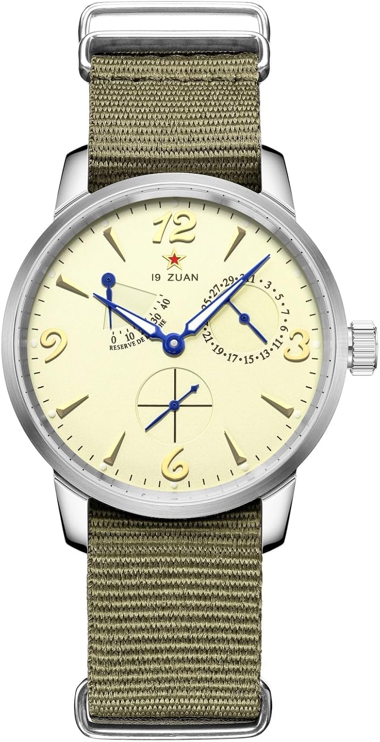 SEAKOSS Reloj piloto vintage inspirado en 1963 de 1.575 in para hombre, reloj de pulsera mecánico automático con movimiento Seagull ST1780, indicador de reserva de marcha, visualización de la fecha