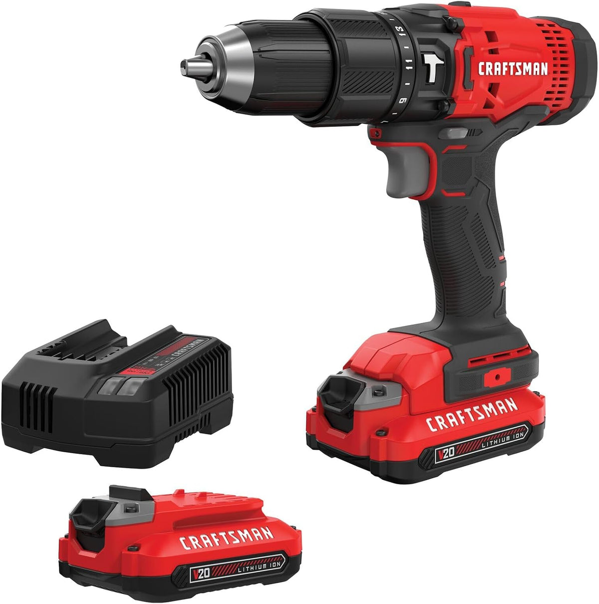 CRAFTSMAN V20 Kit de taladro de martillo inalámbrico, 1/2 pulgada, 2 baterías y cargador incluidos (CMCD711C2)