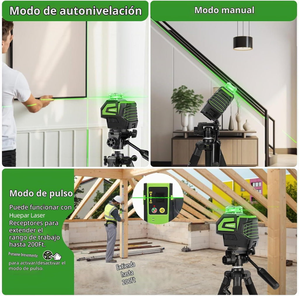 Huepar Láser de línea cruzada verde autonivelante de nivel láser con 2 puntos de plomada herramienta láser - Línea horizontal de 360° más láser de nivel vertical de 140° con puntos arriba y abajo - Soporte recargable y magnético 7211CG