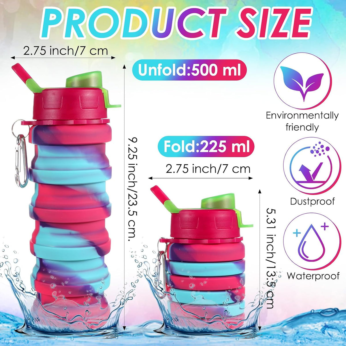 Paquete de 5 botellas de agua plegables de silicona de 17 onzas, portátiles, ligeras, plegables con mosquetón, a prueba de fugas, reutilizables, para viajes, camping, senderismo, ciclismo, deportes al aire libre (arcoíris)