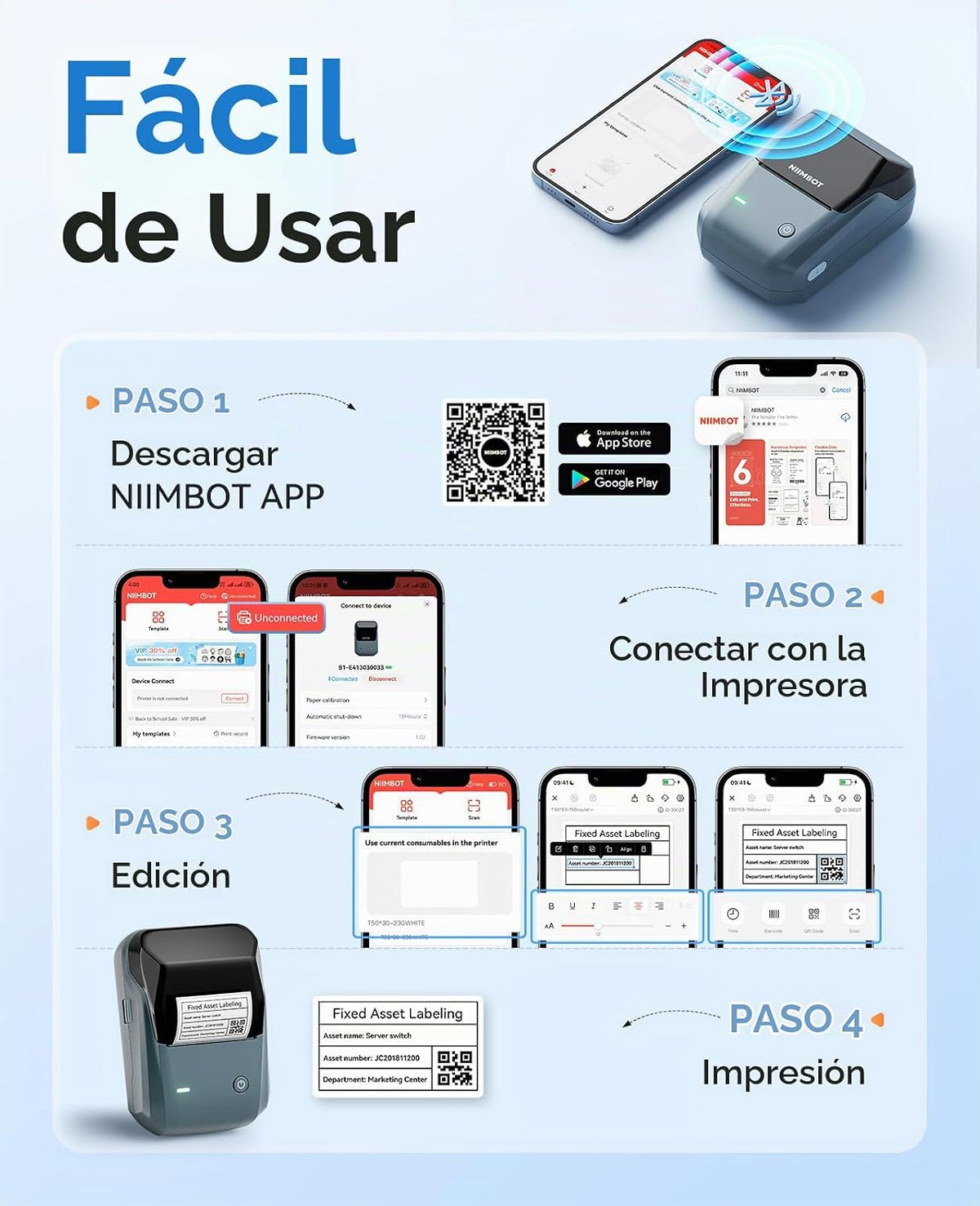 NIIMBOT Máquina etiquetadora B1 con cinta, impresora térmica de etiquetas fácil de usar para oficina, hogar, negocios, etiquetadora de 2 pulgadas con etiquetas de 2 x 1.18 pulgadas, 230 unidades por