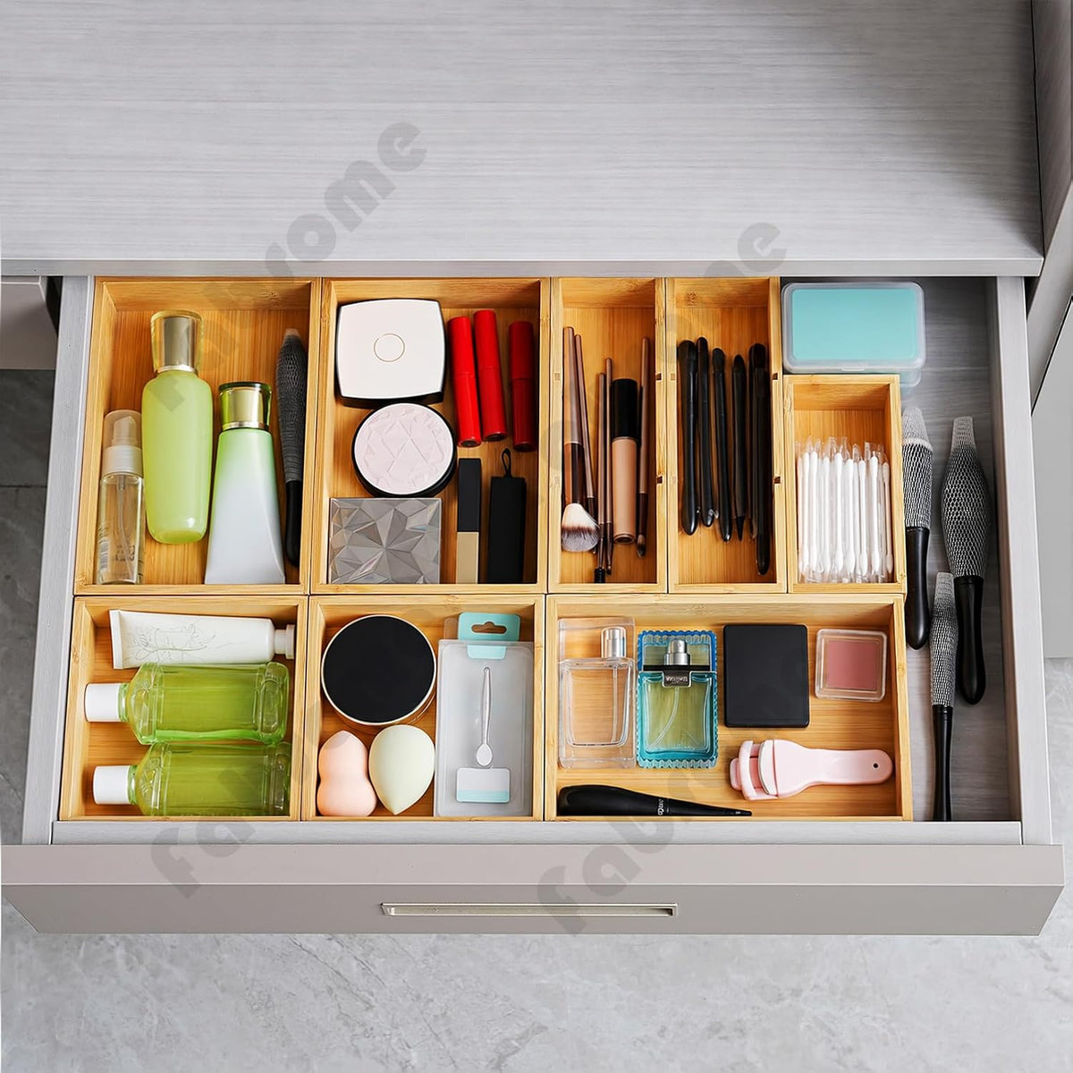 Fabsome Organizador de cajones, juego de 9 cajas de almacenamiento de madera de bambú para cocina, escritorio de maquillaje, cajas de almacenamiento para cubiertos, cubiertos, cubiertos, bandeja pequeña de madera para baño, oficina