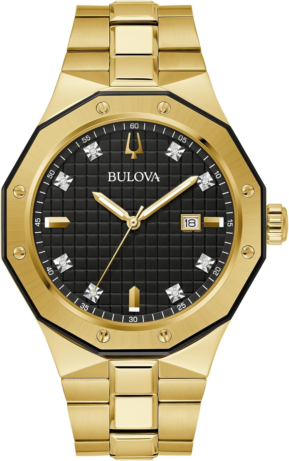 Bulova Reloj de cuarzo clásico para hombre de acero inoxidable de 3 manecillas con diamantes y día/fecha, 44mm