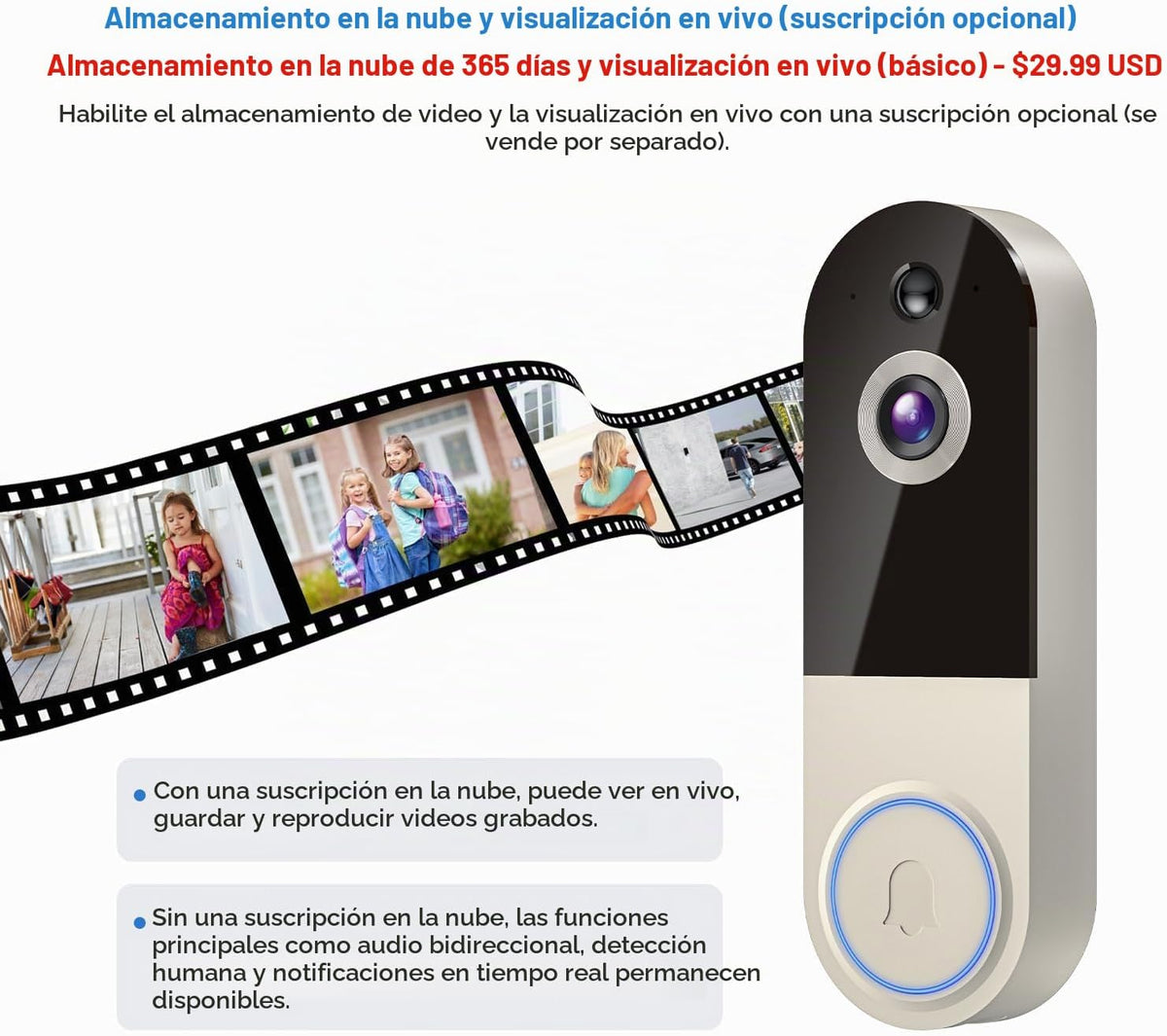 Cámara de timbre de video WiFi con detección humana, funciona con pilas, visión nocturna, conversación bidireccional, WiFi 2.4G, almacenamiento en la nube