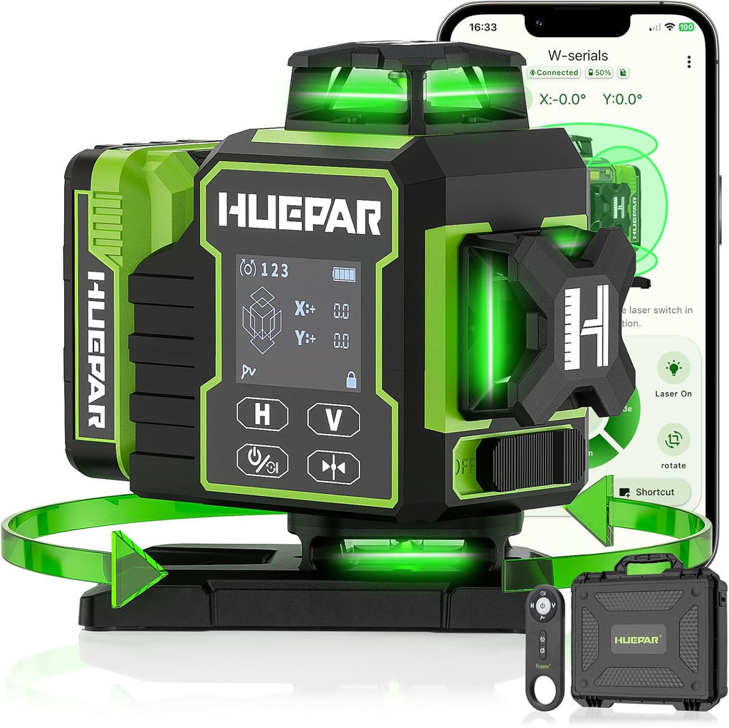 Huepar Nivel láser 360 autonivelante, W04CG mejorado 4 x 360° Bluetooth construcción Lazer herramienta niveladora con base giratoria eléctrica y pantalla LCD grande, 4D 16 líneas de nivel láser de