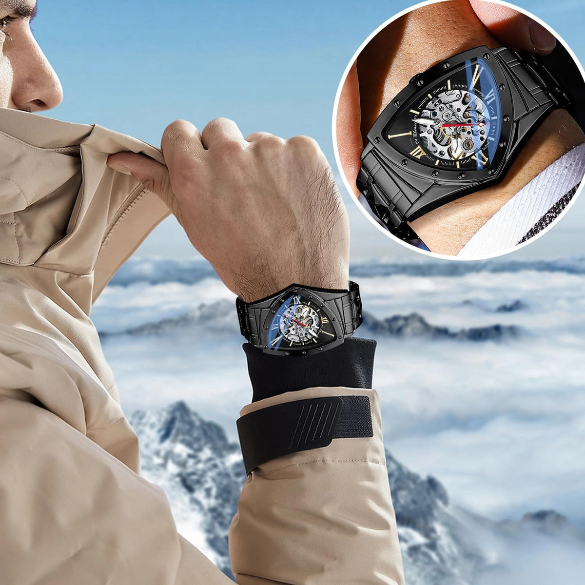 Tiong Triangle Skeleton Reloj Mecánico Automático para Hombre, Correa de Acero Inoxidable Reloj Deportivo para Hombre