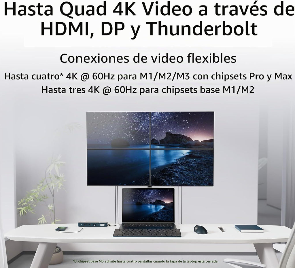 Kensington SD5900T - Estación de acoplamiento DisplayLink Thunderbolt 4, Quad 4K para MacBook Pro/Air M1/M2/M3/M4 con chipsets Pro y Max, 100 W PD, HDMI/DP/TB4, ranuras para tarjetas SD/Micro SD, azul