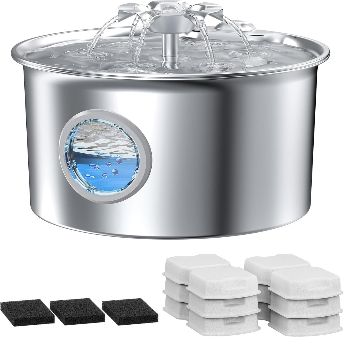 Fuente de agua para gatos de acero inoxidable: fuente para mascotas con 6 filtros y 3 esponjas