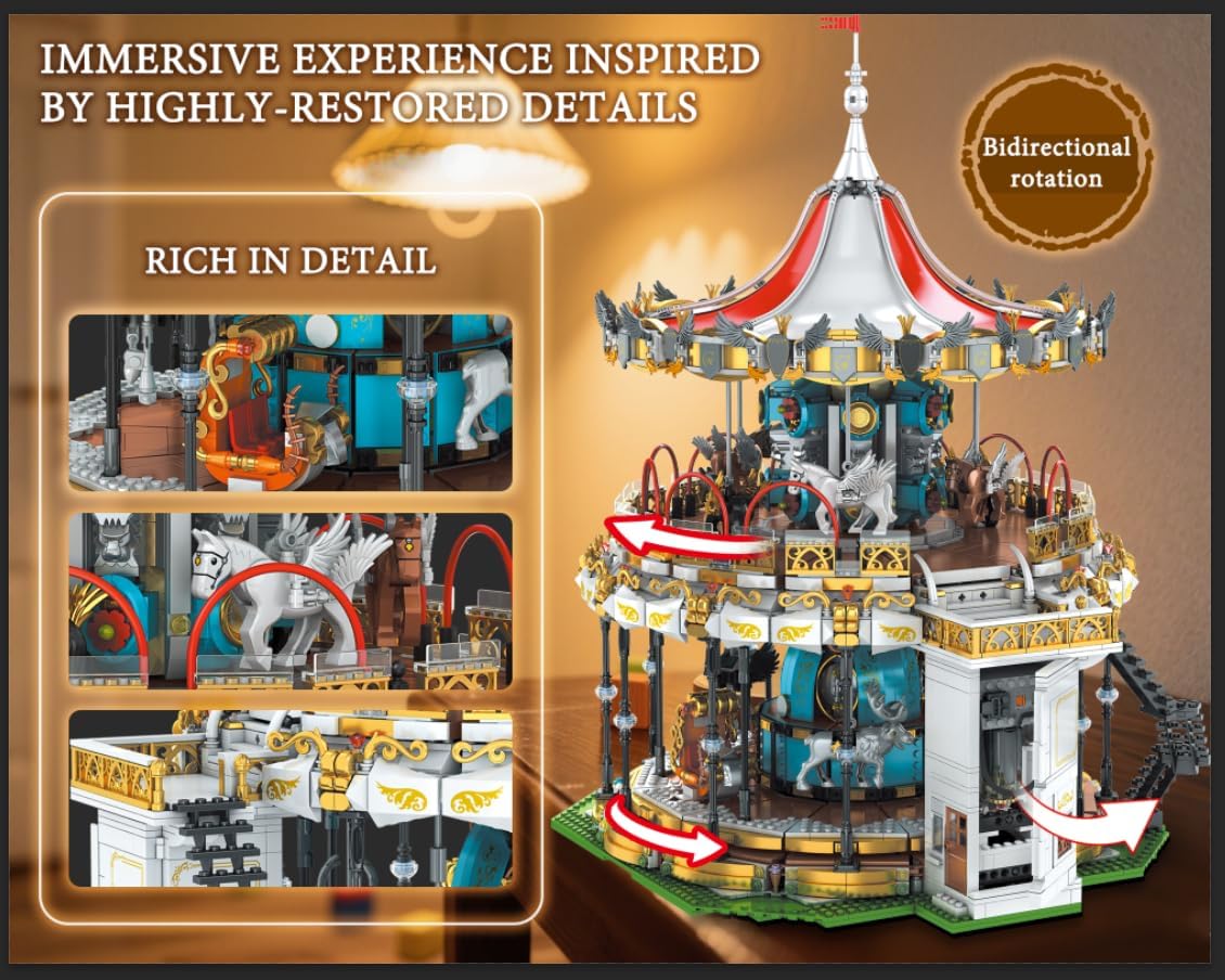 Sosuy Juego de Construcción de Carrusel, Modelo de Tiovivo Motorizado Eléctrico, Juguete de Parque de Atracciones para Niños, Niñas y Adolescentes, Regalos de Cumpleaños para Adultos y Niños de 6, 7