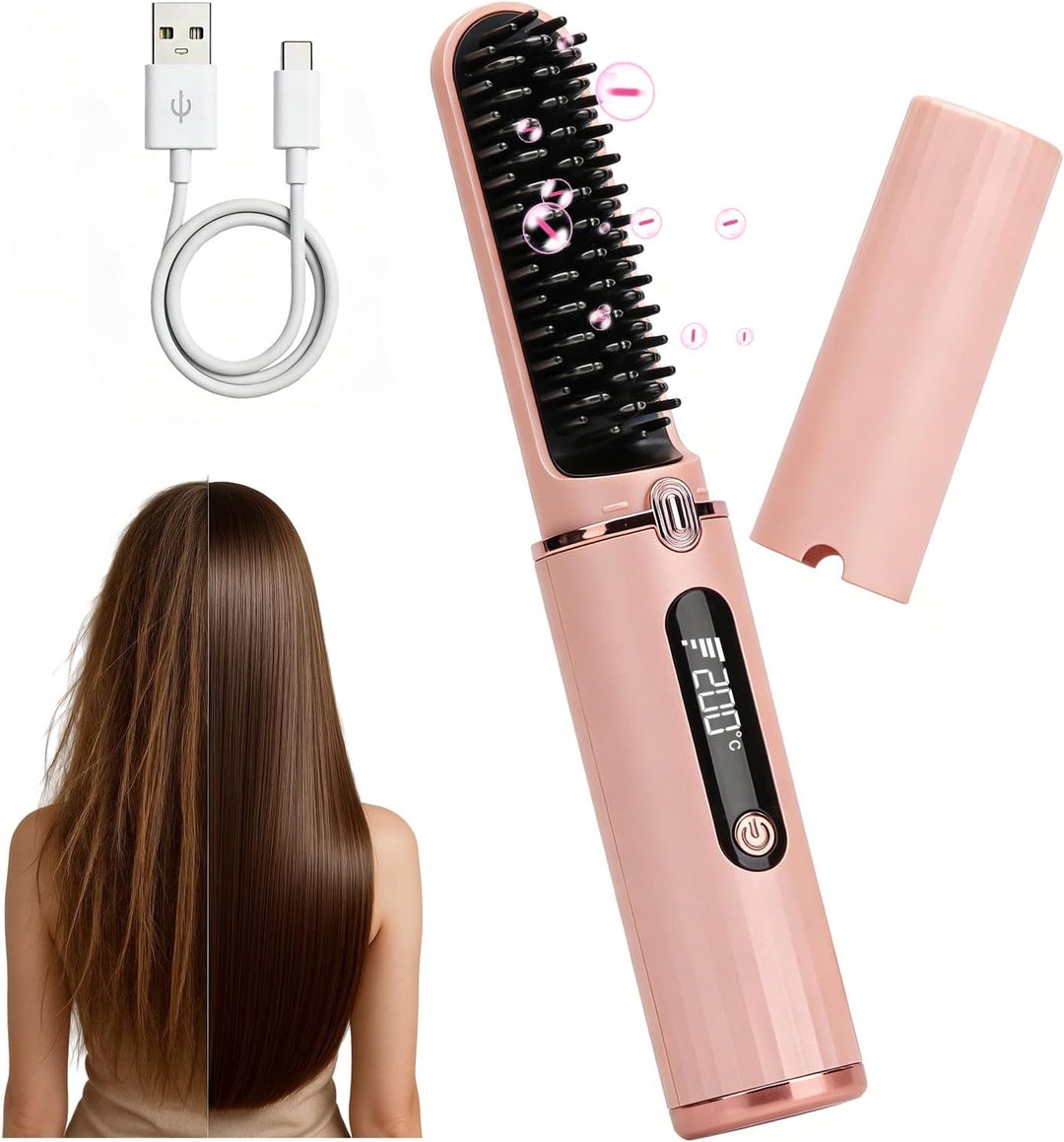 Cepillo alisador de pelo inalámbrico, iones negativos de 1,640.4 ft...