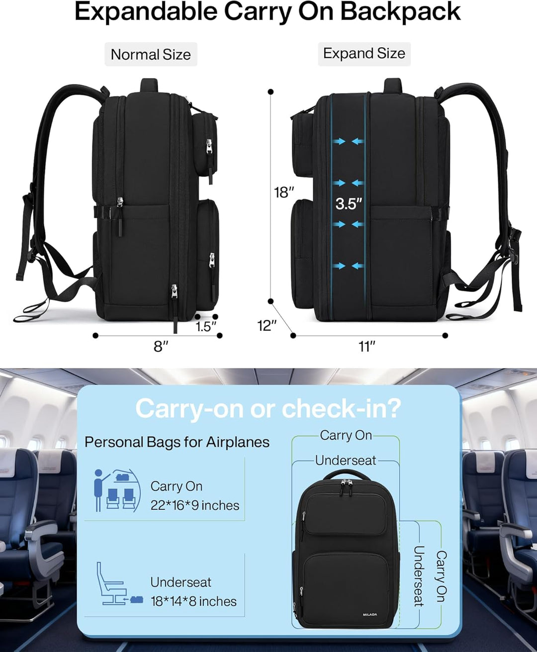 MILADA Mochila de viaje expandible de 28L a 39L, mochila de mano ap...