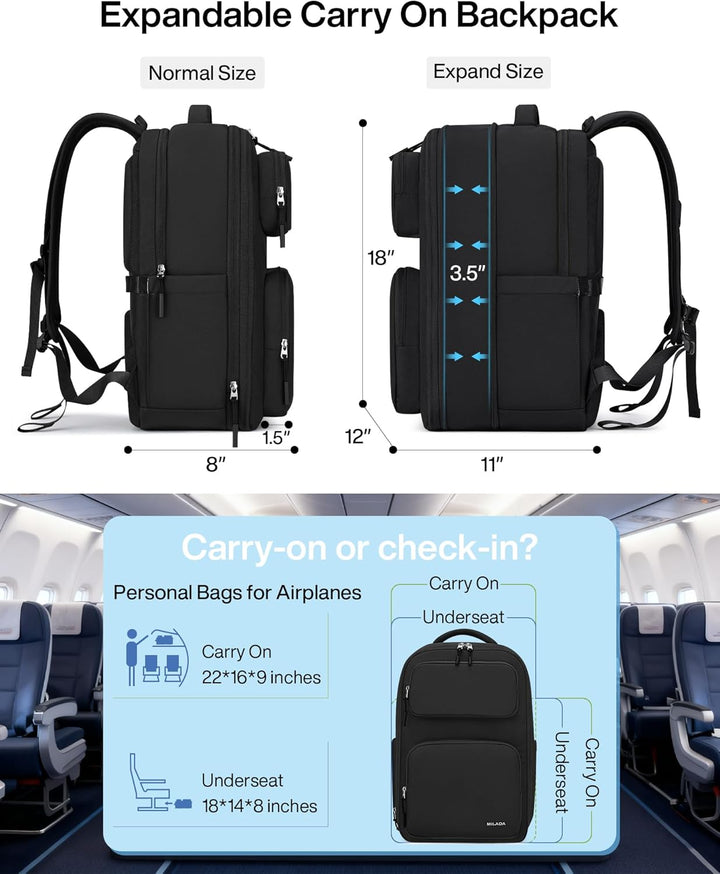 MILADA Mochila de viaje expandible de 28L a 39L, mochila de mano ap...