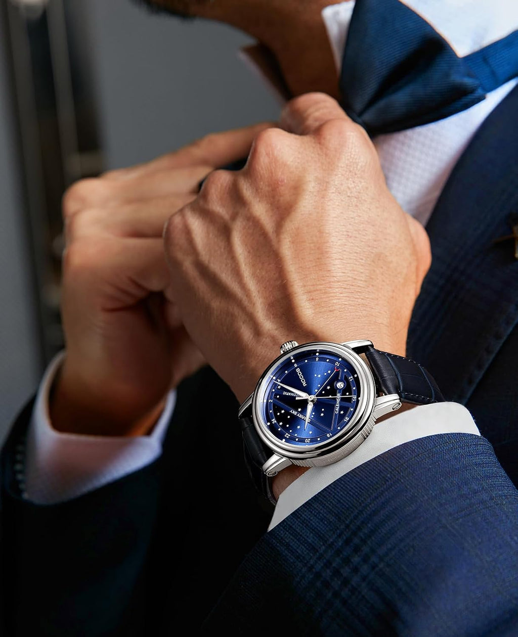 ROCOSJEWE Reloj mecánico automático de lujo para hombre, correa de cuero luminosa de cielo nocturno, impermeable, visualización de fecha, relojes de negocios de moda para hombres RW0108