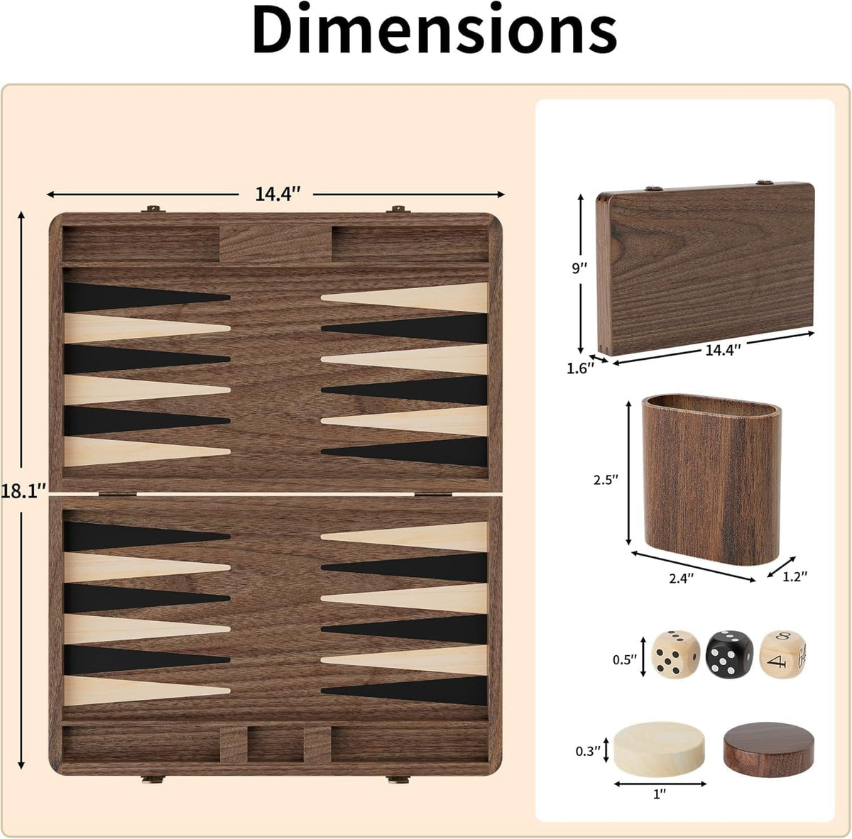 Juego de backgammon de nogal de lujo, tablero de madera con estuche de viaje, cubo doble