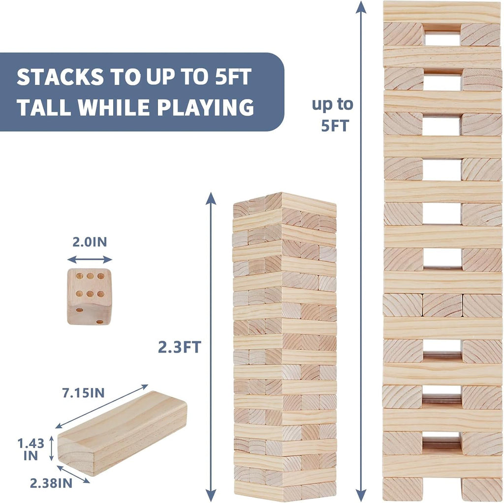 Torre gigante de hasta de 5 pies de alto, juego de apilar, 57 bloques de madera de pino de Nueva Zelanda; p/interiores/exteriores, fiesta de cumpleaños, p/adultos y niños de todas las edades