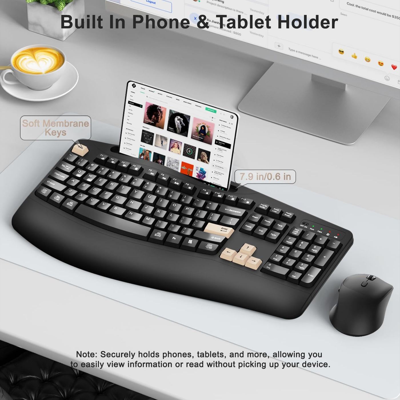 Combo de teclado y mouse inalámbricos, teclas onduladas de tamaño c...