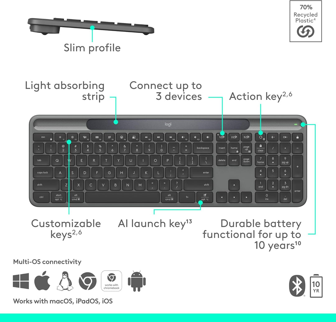 Logitech Signature Slim Solar+ Teclado Bluetooth inalámbrico K980,...