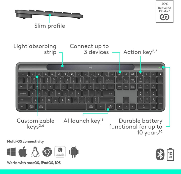 Logitech Signature Slim Solar+ Teclado Bluetooth inalámbrico K980,...