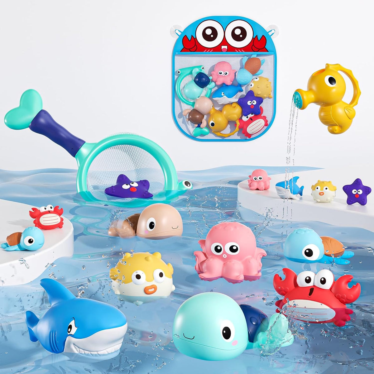 Bath Toy para Baby 6-12-18 Month No Hole Sea Animals Fishing Game con Net