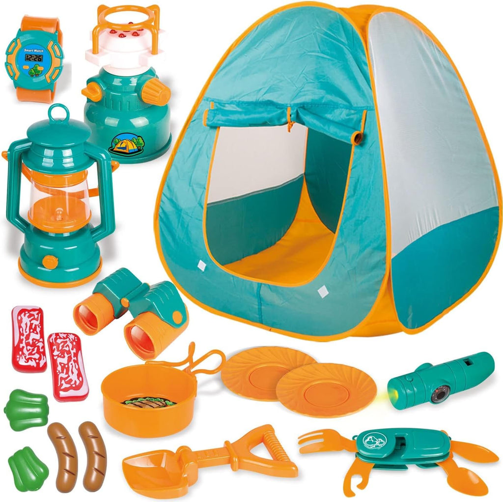 FUN LITTLE TOYS Tienda de Juego Pop Up con Equipo de Camping y Set de Herramientas, Juguetes al Aire Libre para Niños