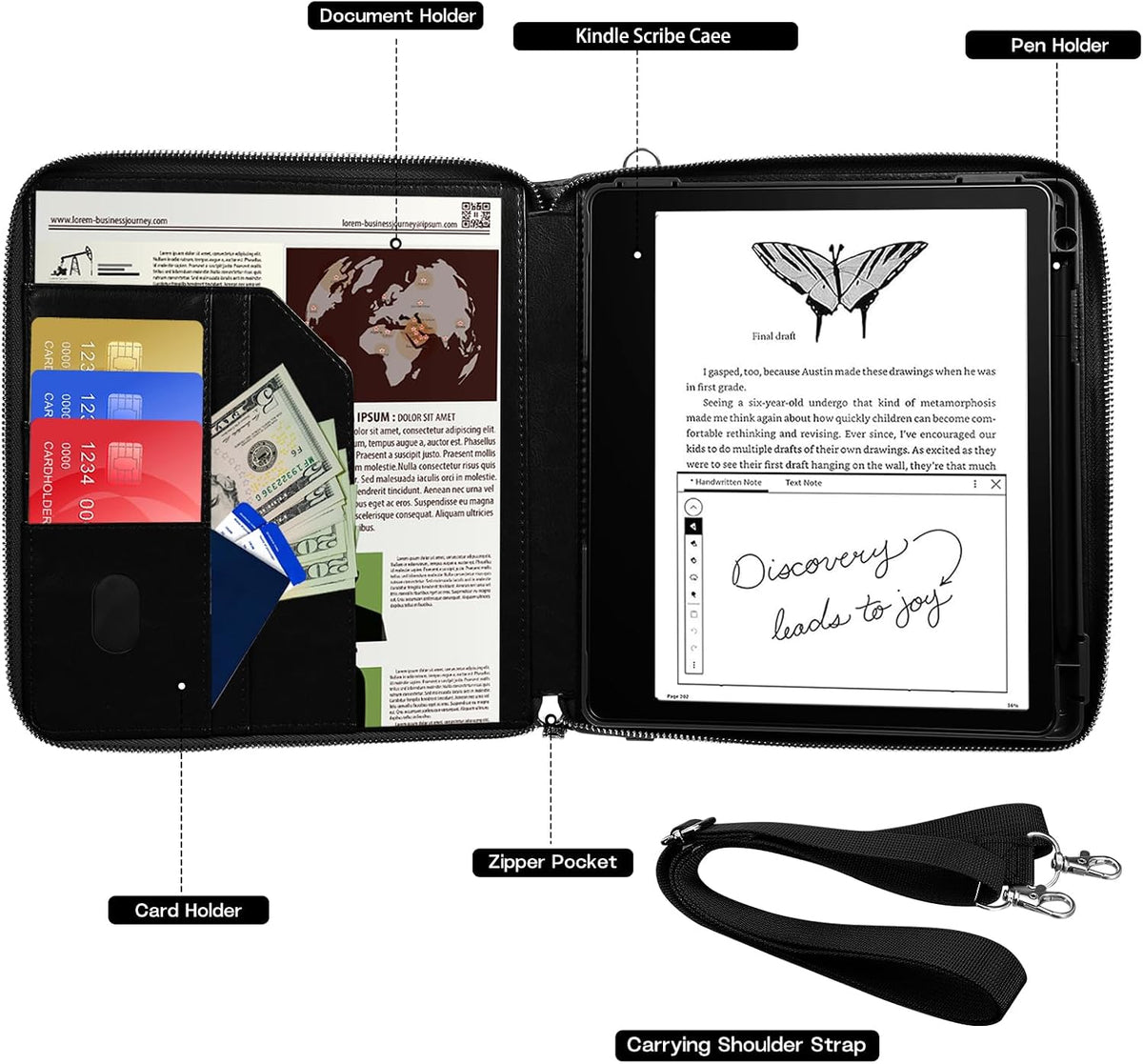 E NET-CASE Funda para Kindle Scribe de 10.2 pulgadas lanzada en 2024 y 2022 – Diseño de mano de negocios mejorado Funda de piel sintética para Kindle Scribe papel digital con cremallera y soporte para