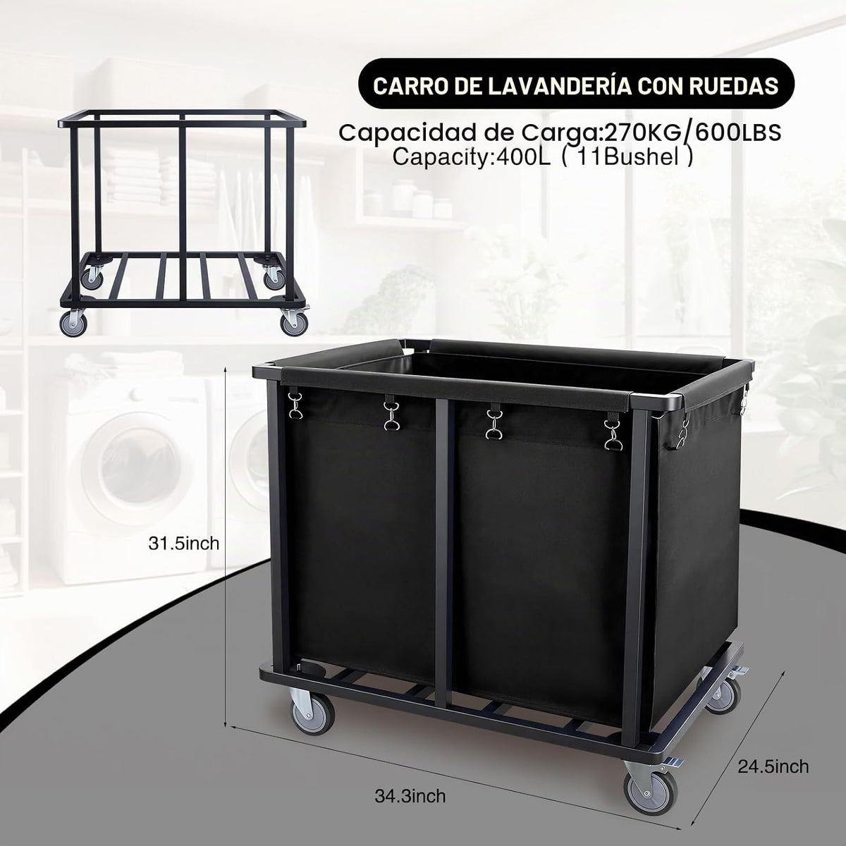 Carro de Lavandería Comercial con Ruedas, 400L Carro de Lavandería Industrial