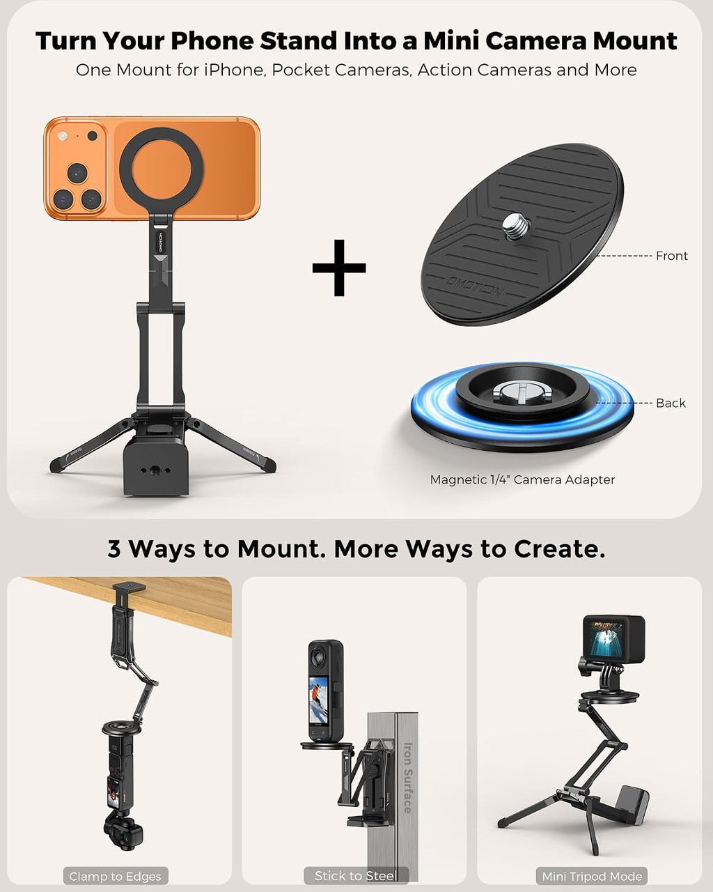 OMOTON TP02-Ultra Soporte Multi-Dispositivo para Cámara y Teléfono con Adaptador 1/4" Negro