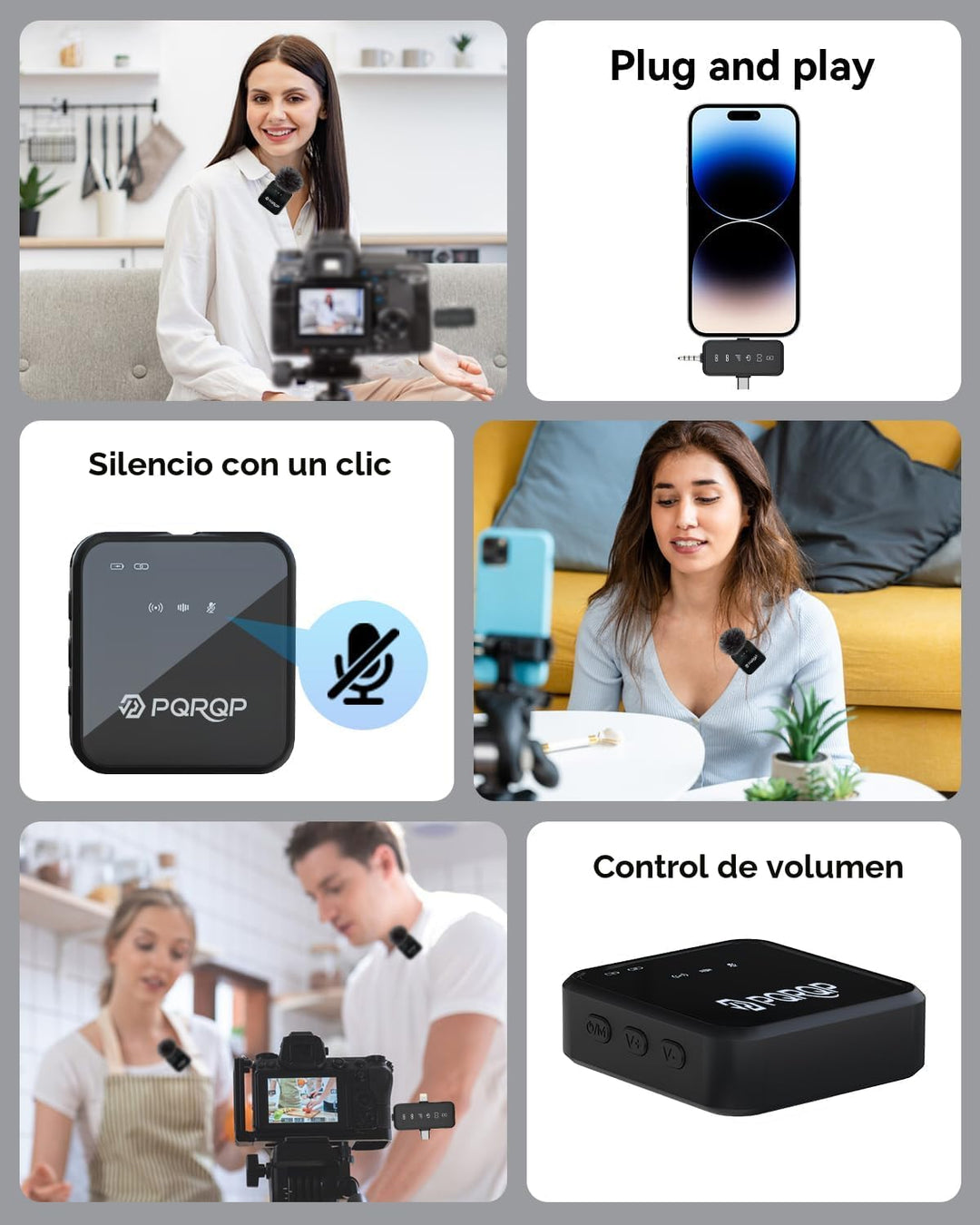 PQRQP, micrófono 3 en 1 para iPhone\/Android\/cámara, inalámbrico,...