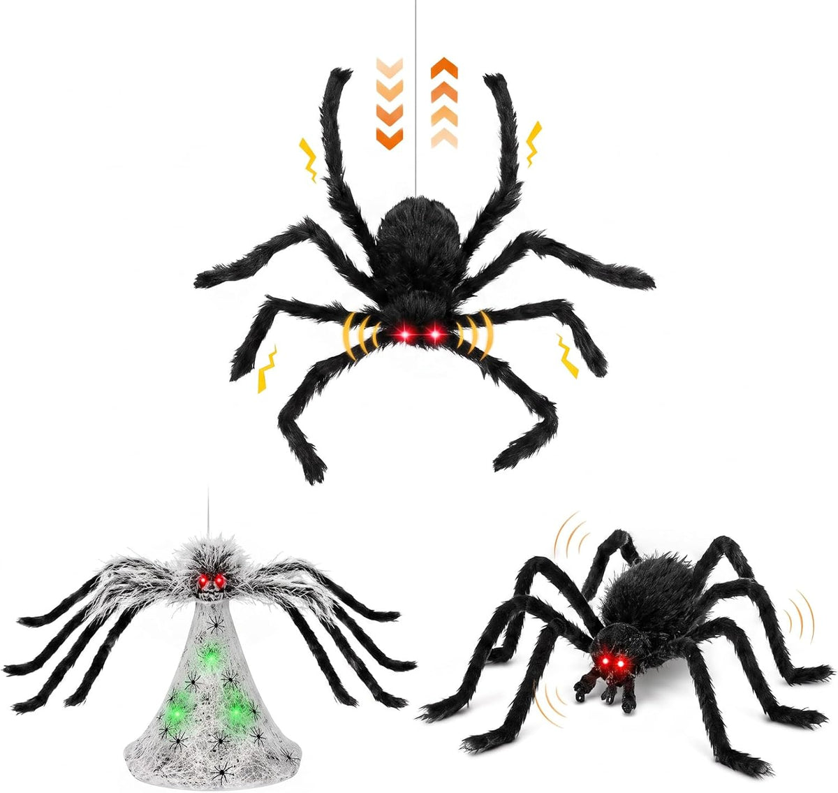 Paquete de 3 Arañas Animatrónicas de 34" para Halloween: Saltadora, Flotante y Caminante