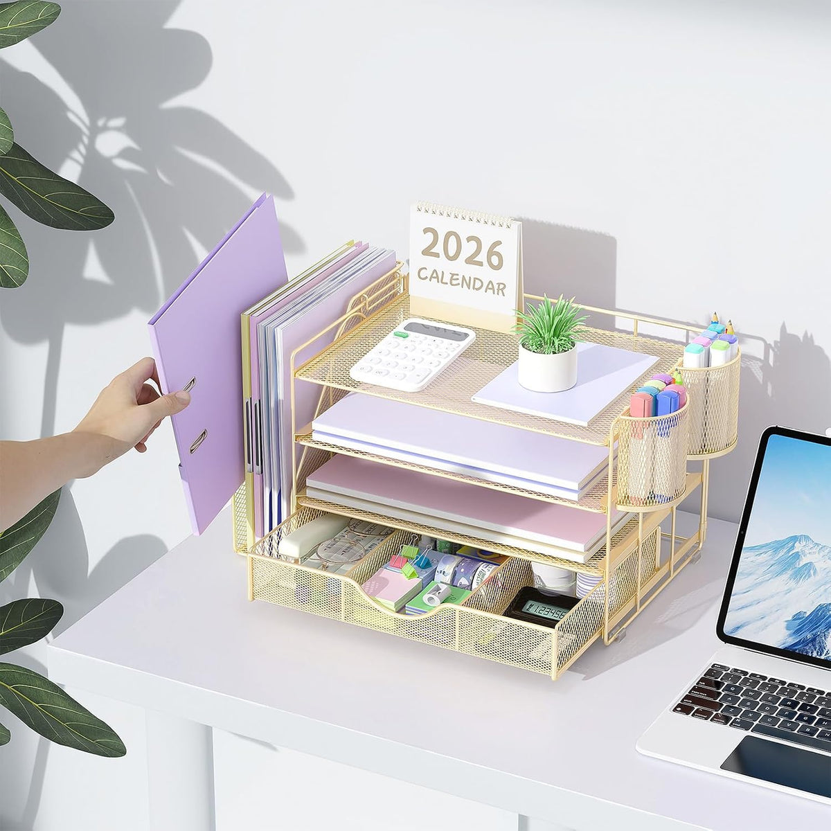 Lámpara gianotter Organizadores de escritorio y accesorios con soporte para archivos, accesorios de escritorio de 4 niveles y organizadores de espacio de trabajo con cajón y 2 soportes para bolígrafos