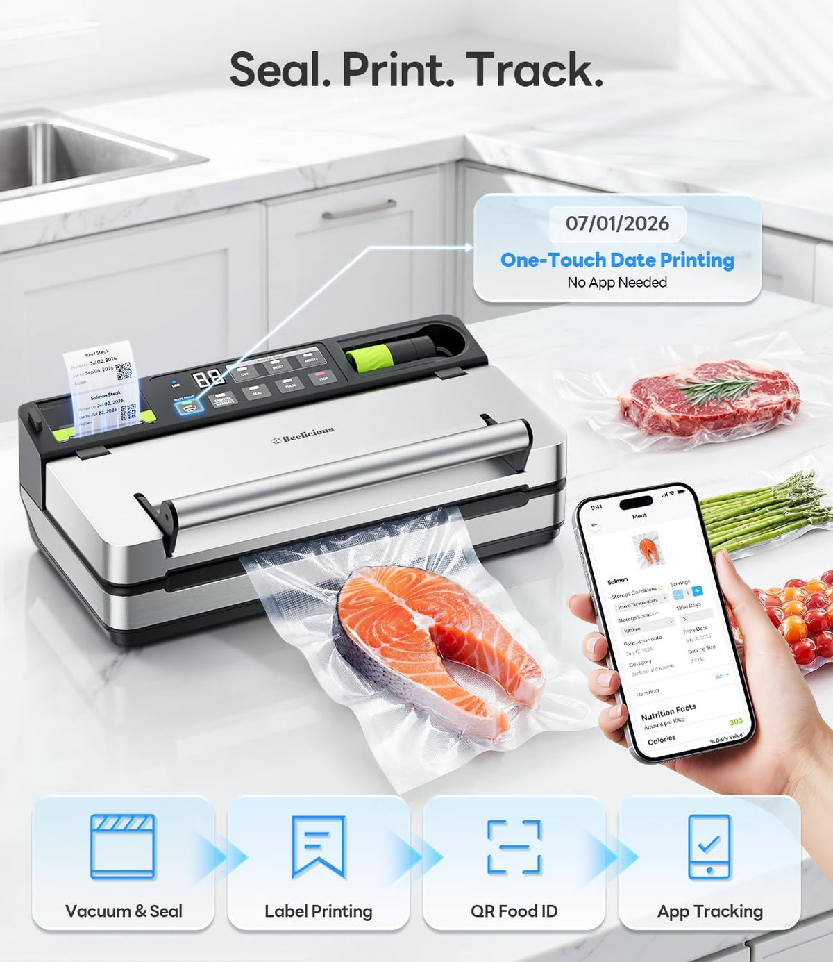 Sellador al vacío inteligente de 98kPa con aplicación FreshTrack de