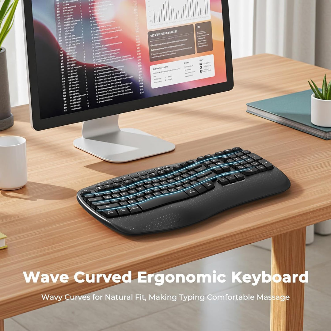 MEETION Teclado ergonómico inalámbrico, teclas onduladas, reposamuñ...
