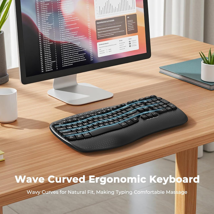 MEETION Teclado ergonómico inalámbrico, teclas onduladas, reposamuñ...