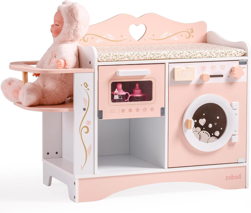 ROBUD Cuna de muñeca de bebé, camas de muñeca rosa, estación de cambio de muñeca de madera con asiento, esterilizador de botellas, lavadora y almacenamiento, accesorios para muñecas de cuna de juguete
