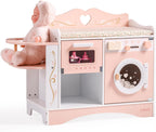 ROBUD Cuna de muñeca de bebé, camas de muñeca rosa, estación de cambio de muñeca de madera con asiento, esterilizador de botellas, lavadora y almacenamiento, accesorios para muñecas de cuna de juguete